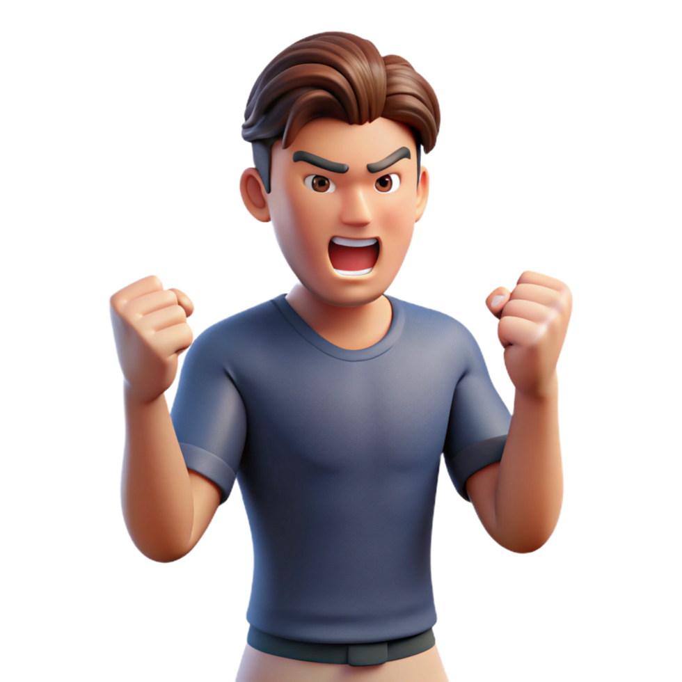 joyful striking Angry young man, clenched fists, NO BACKGROUND with Transparent Background. authentic png