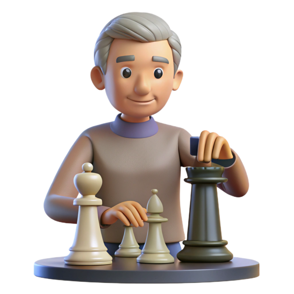 intense mesmerizing Senior man playing chess NO BACKGROUND with Transparent Background. 4K png