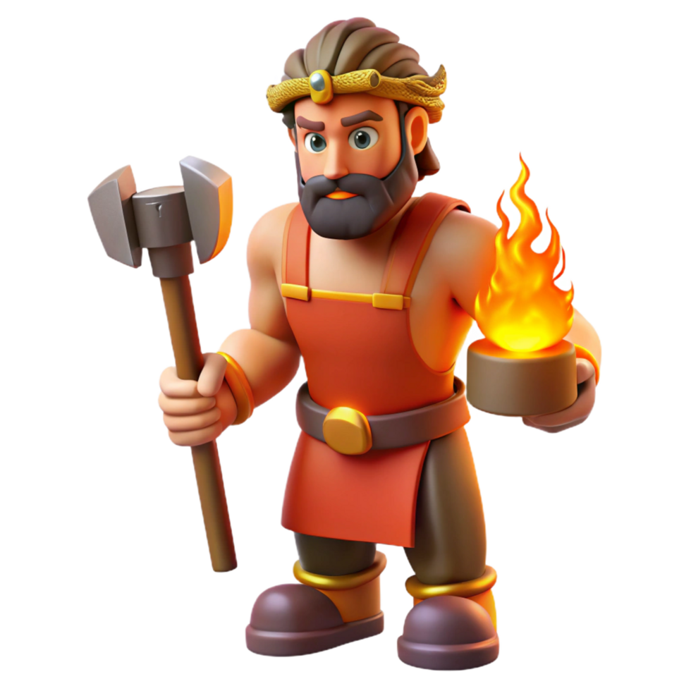 picturesque creative Hephaestus, God of Fire and Forge, holding hammer, NO BACKGROUND with Transparent Background. authentic png
