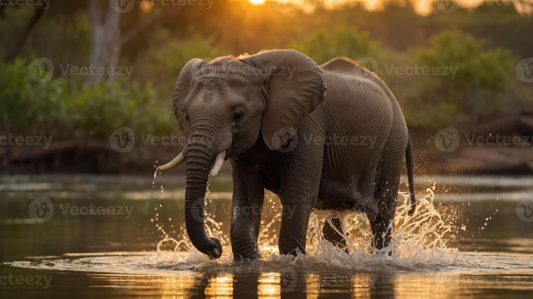 An elephant wades through a serene waterbody at sunset, creating splashes. photo