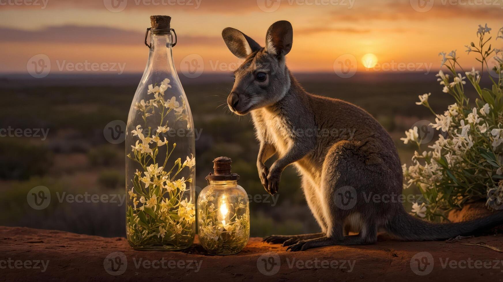 A kangaroo beside glass bottles filled with flowers, set against a sunset landscape. photo
