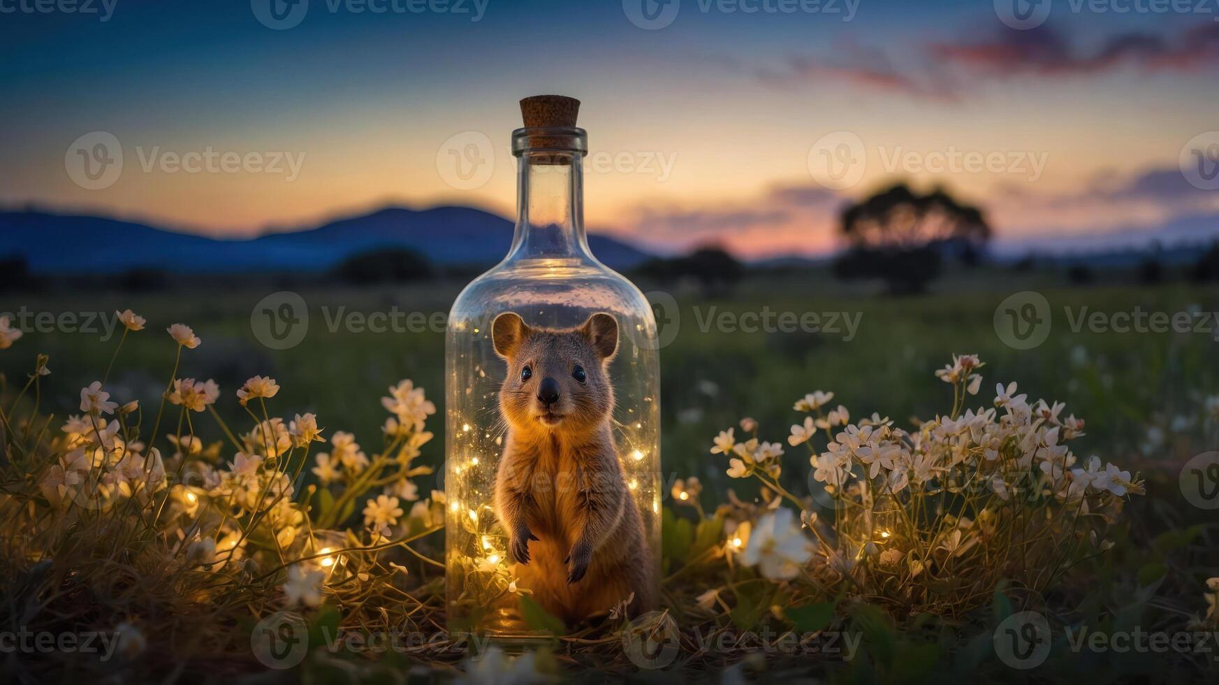 A whimsical scene featuring a small animal inside a glass bottle surrounded by flowers and lights. photo