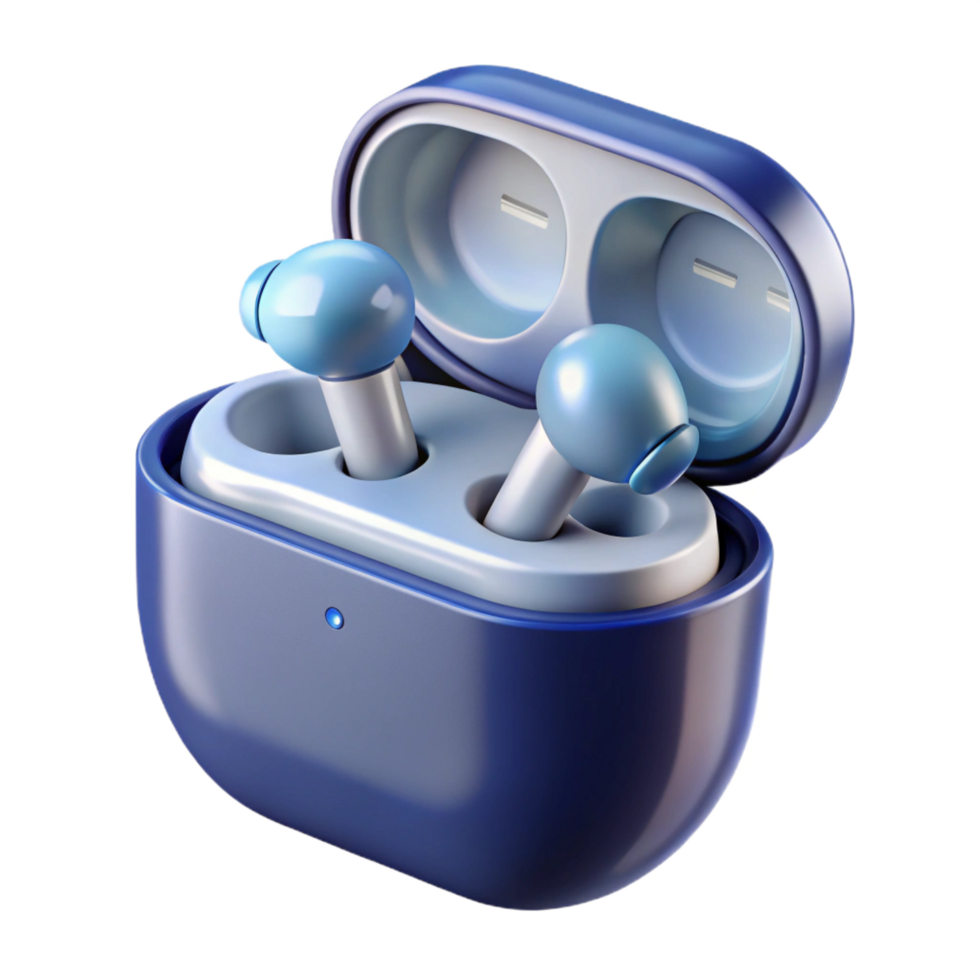 impressive retro Pair of wireless earbuds in charging case NO BACKGROUND with Transparent Background. elite png