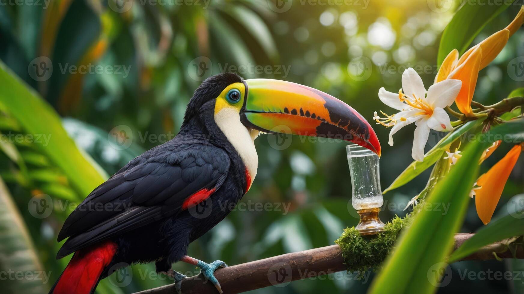 A vibrant toucan perched beside a glass and tropical flowers in a lush environment. photo