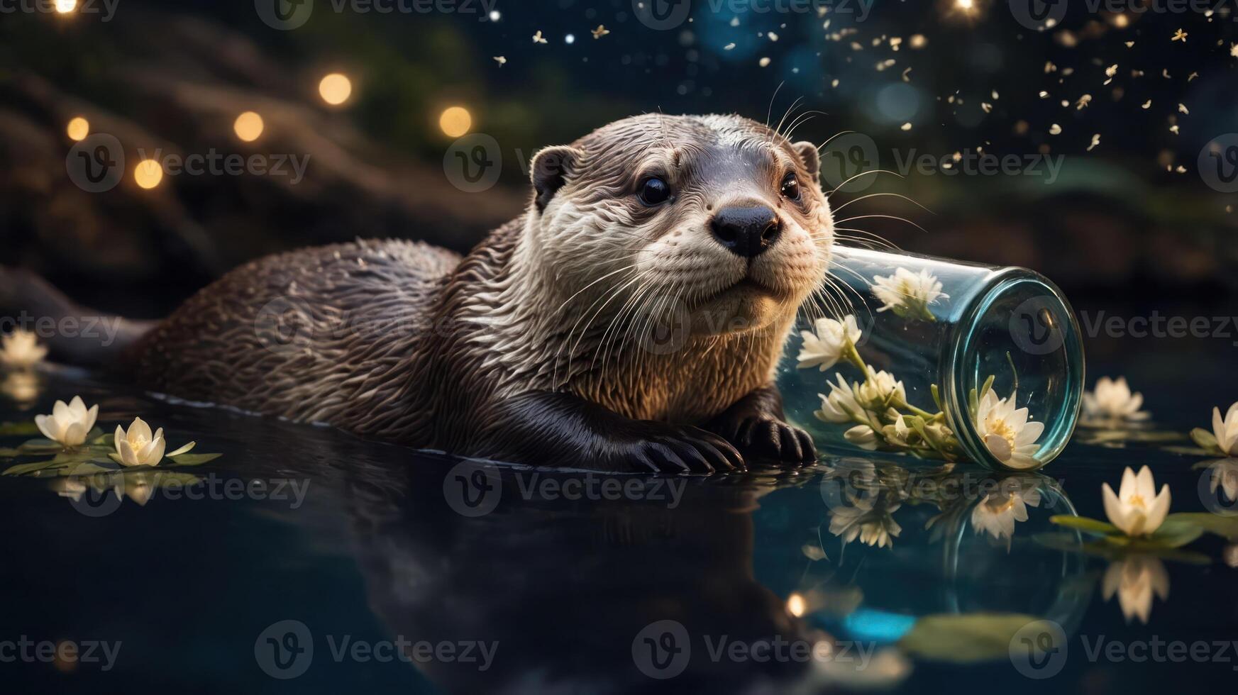 A serene otter rests by a jar, surrounded by water lilies and twinkling lights. photo