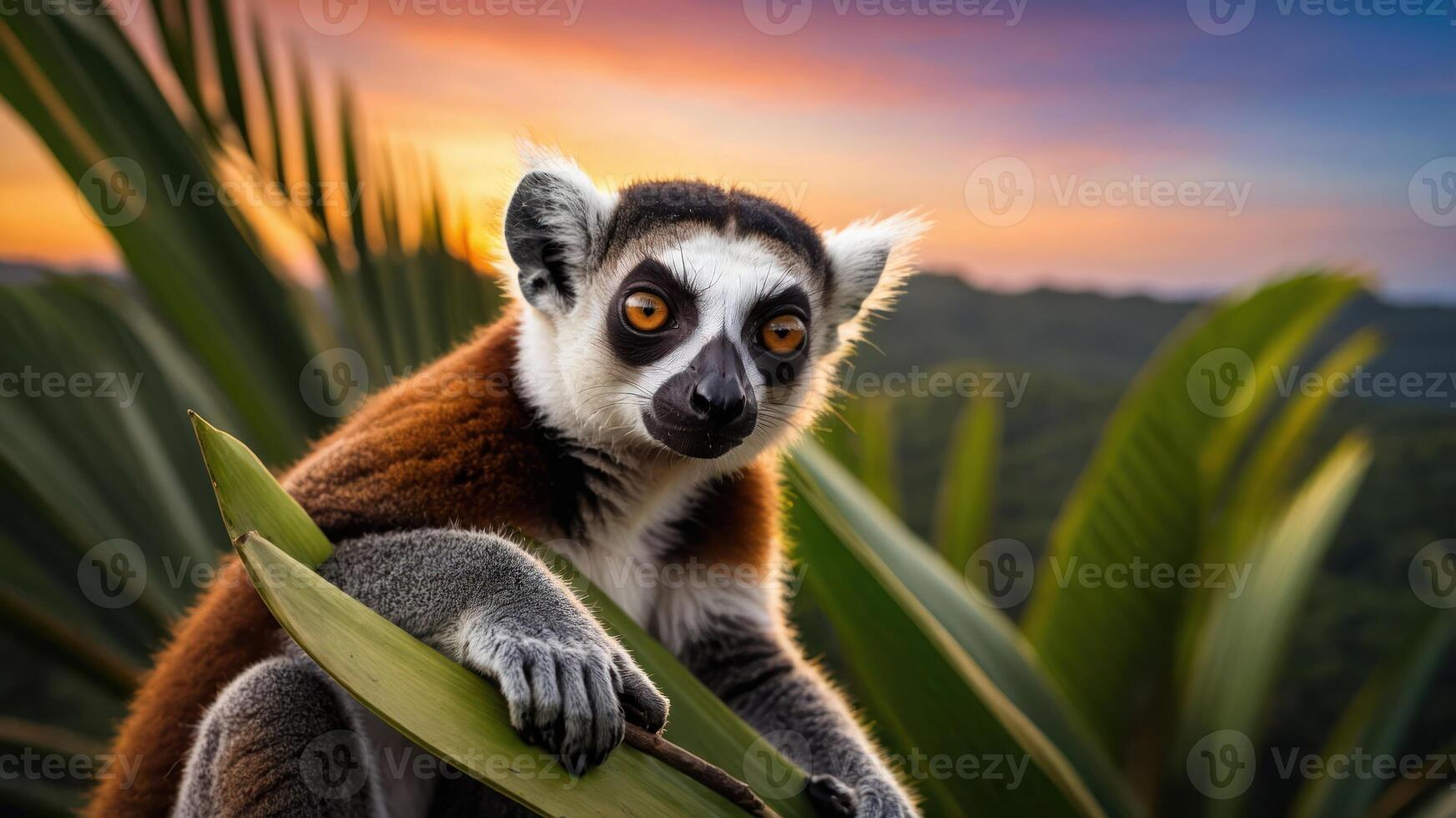 A close-up of a lemur perched on a leaf against a vibrant sunset backdrop. photo