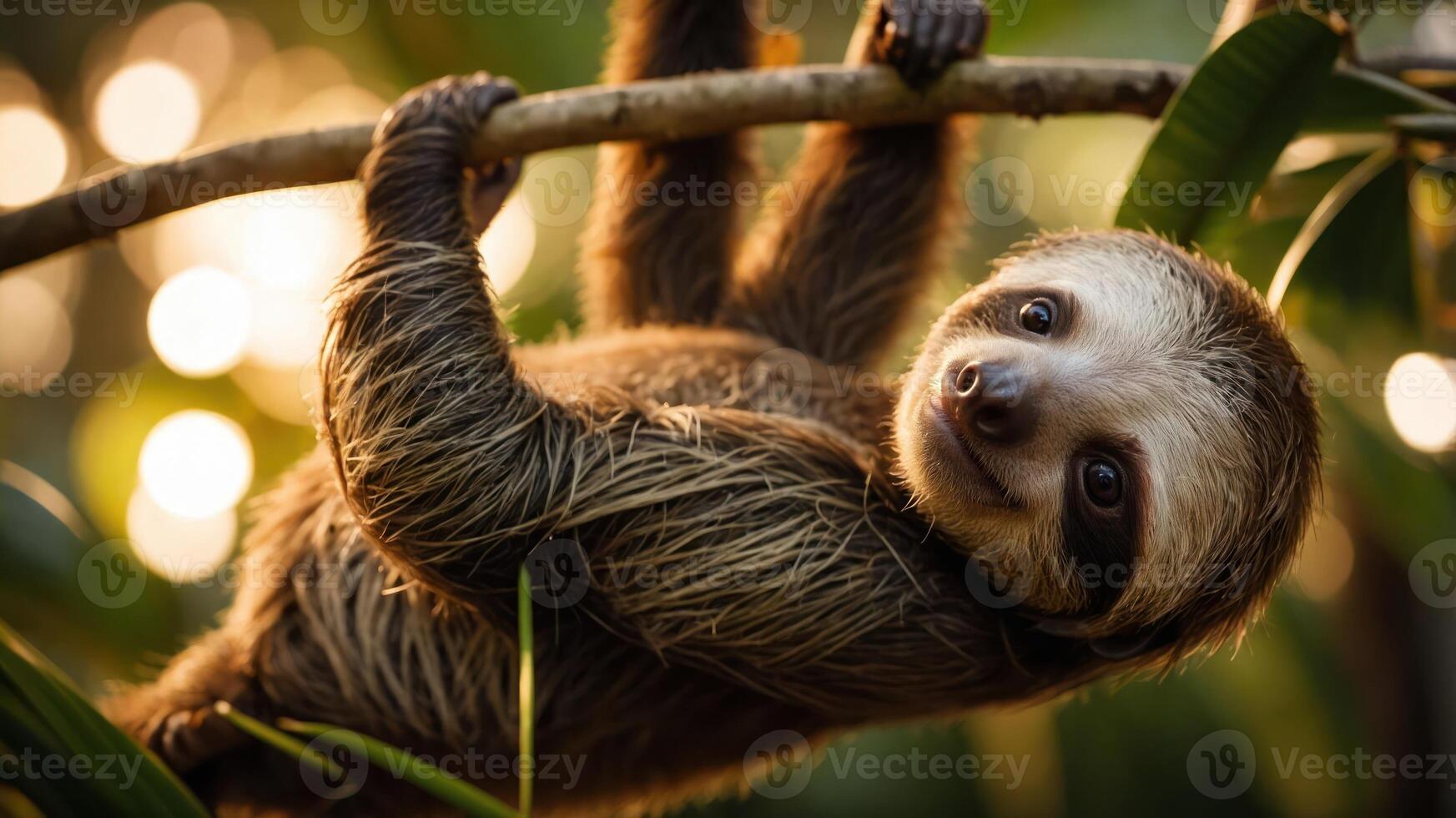 A sloth hanging from a branch in a lush, green environment with soft lighting. photo