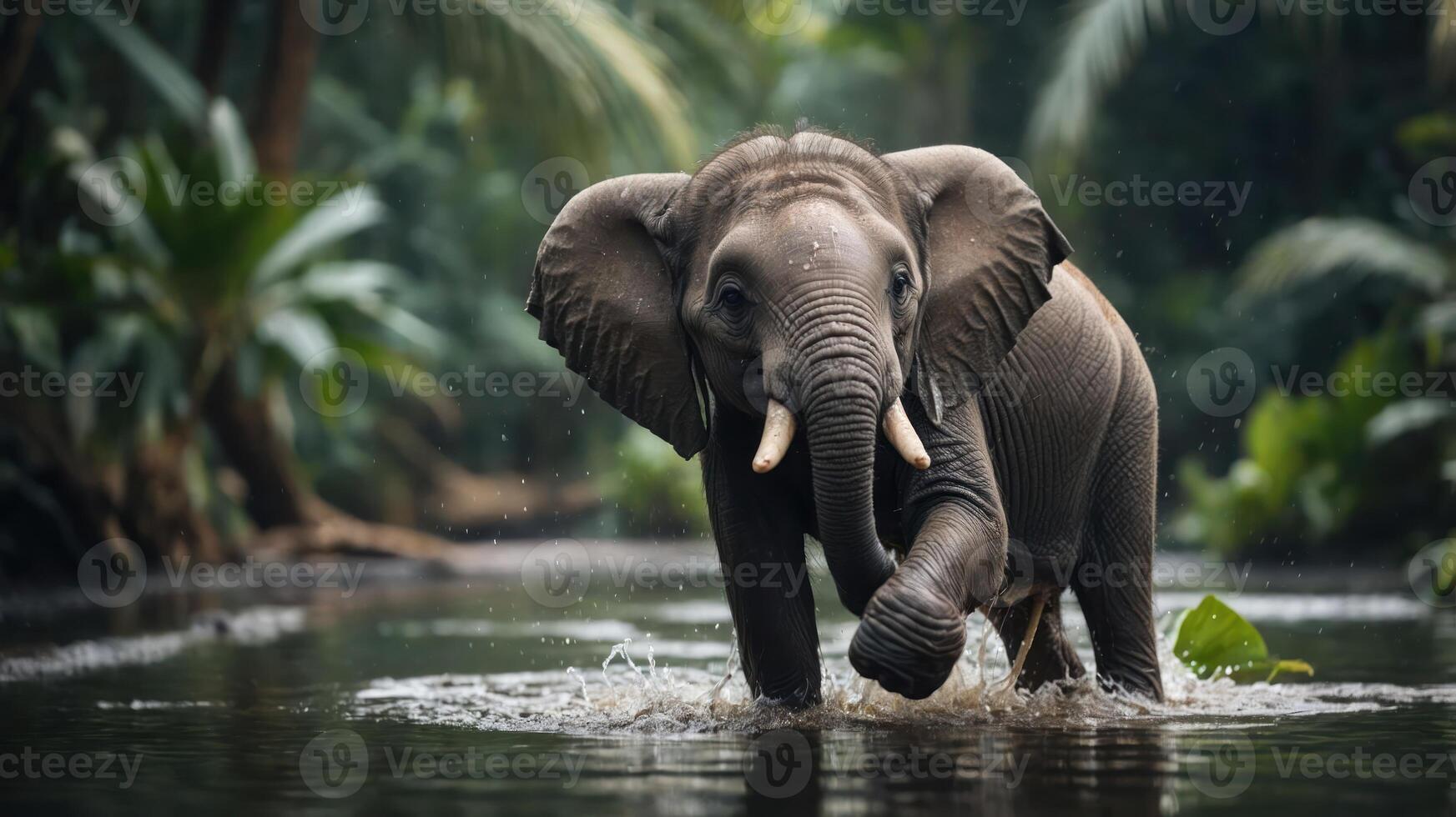 A young elephant splashes through a tranquil river in a lush, green jungle setting. photo
