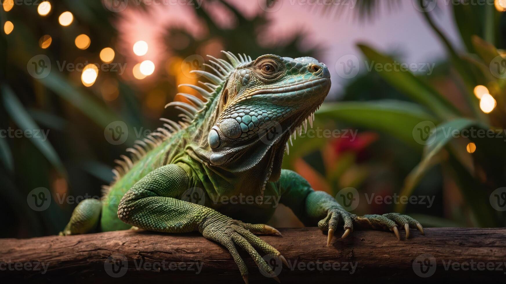 A close-up of a green iguana perched on a log amidst lush foliage and soft lighting. photo