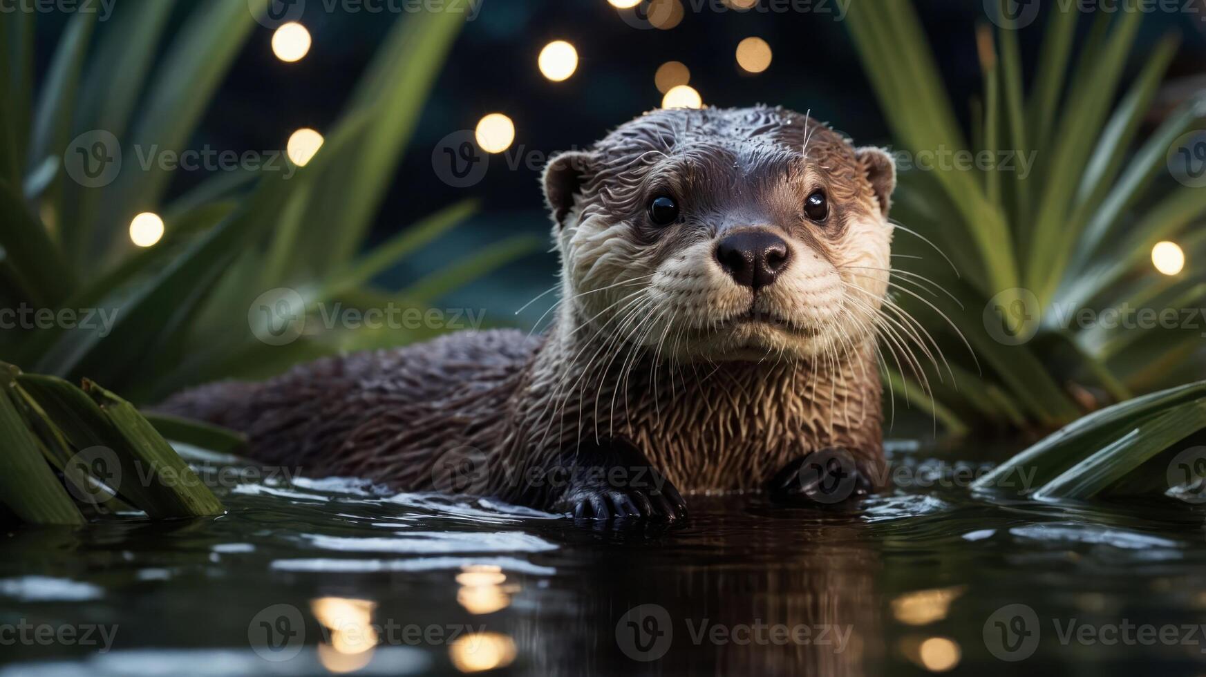 A playful otter emerges from the water, surrounded by lush greenery and soft lights. photo