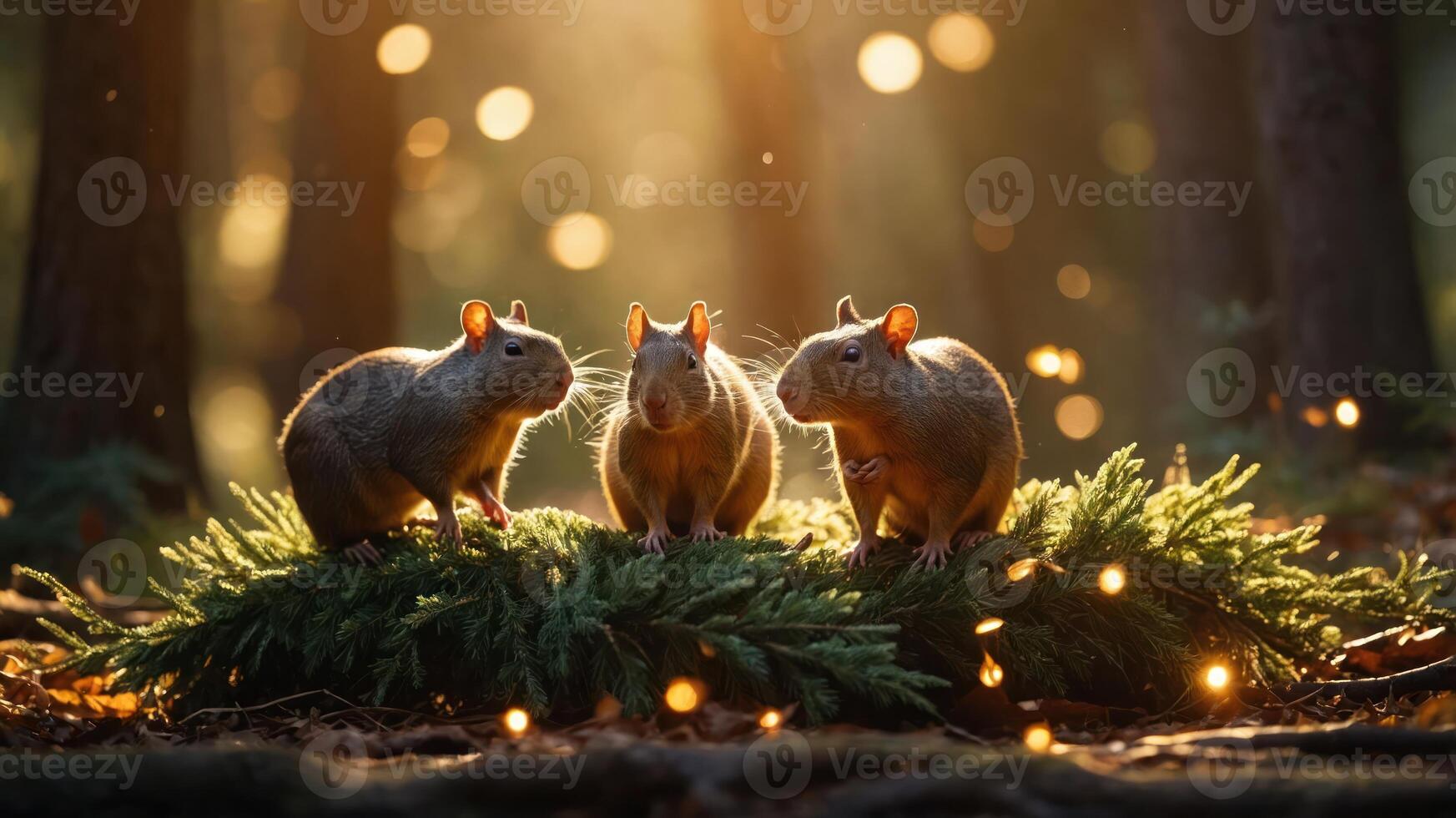 Three squirrels on a bed of greenery, illuminated by soft light in a forest setting. photo