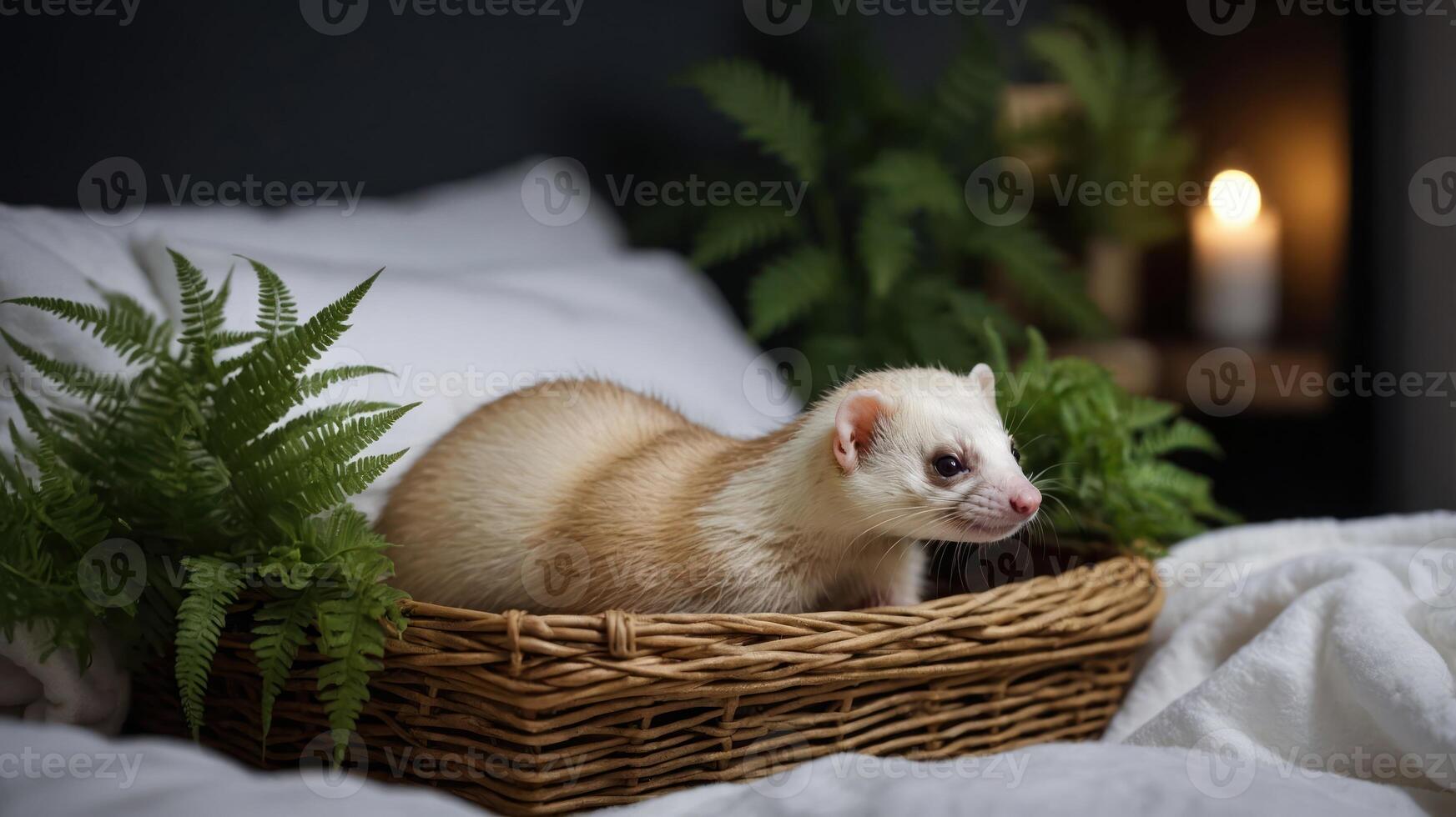 A ferret resting in a wicker basket surrounded by ferns, creating a cozy atmosphere. photo