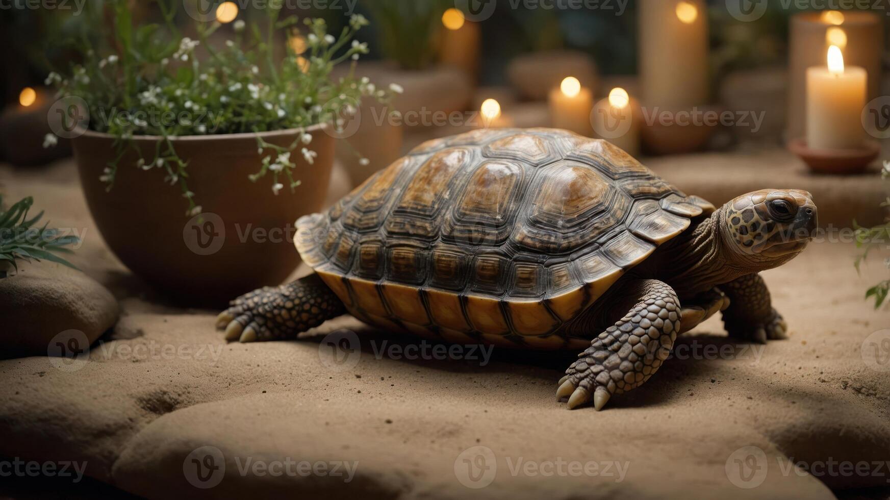 A tortoise on sandy ground surrounded by plants and candles, creating a serene atmosphere. photo