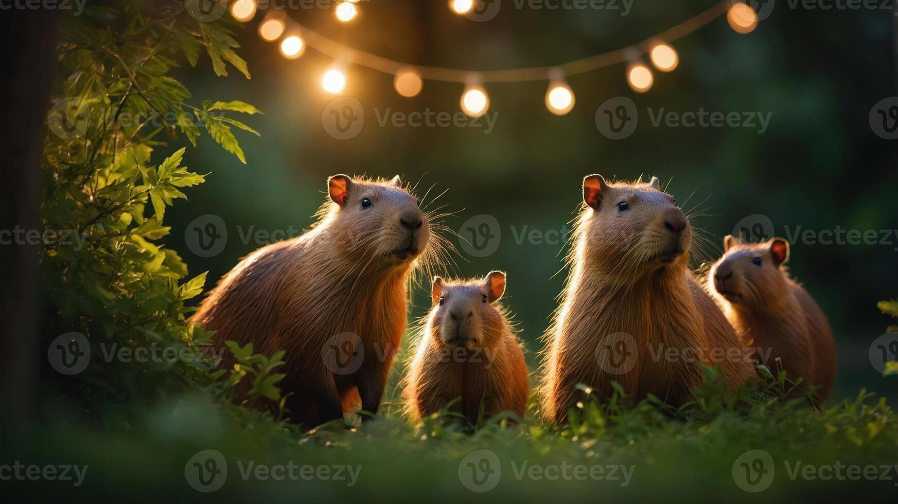 A group of capybaras gathered in a lush setting under warm string lights. photo