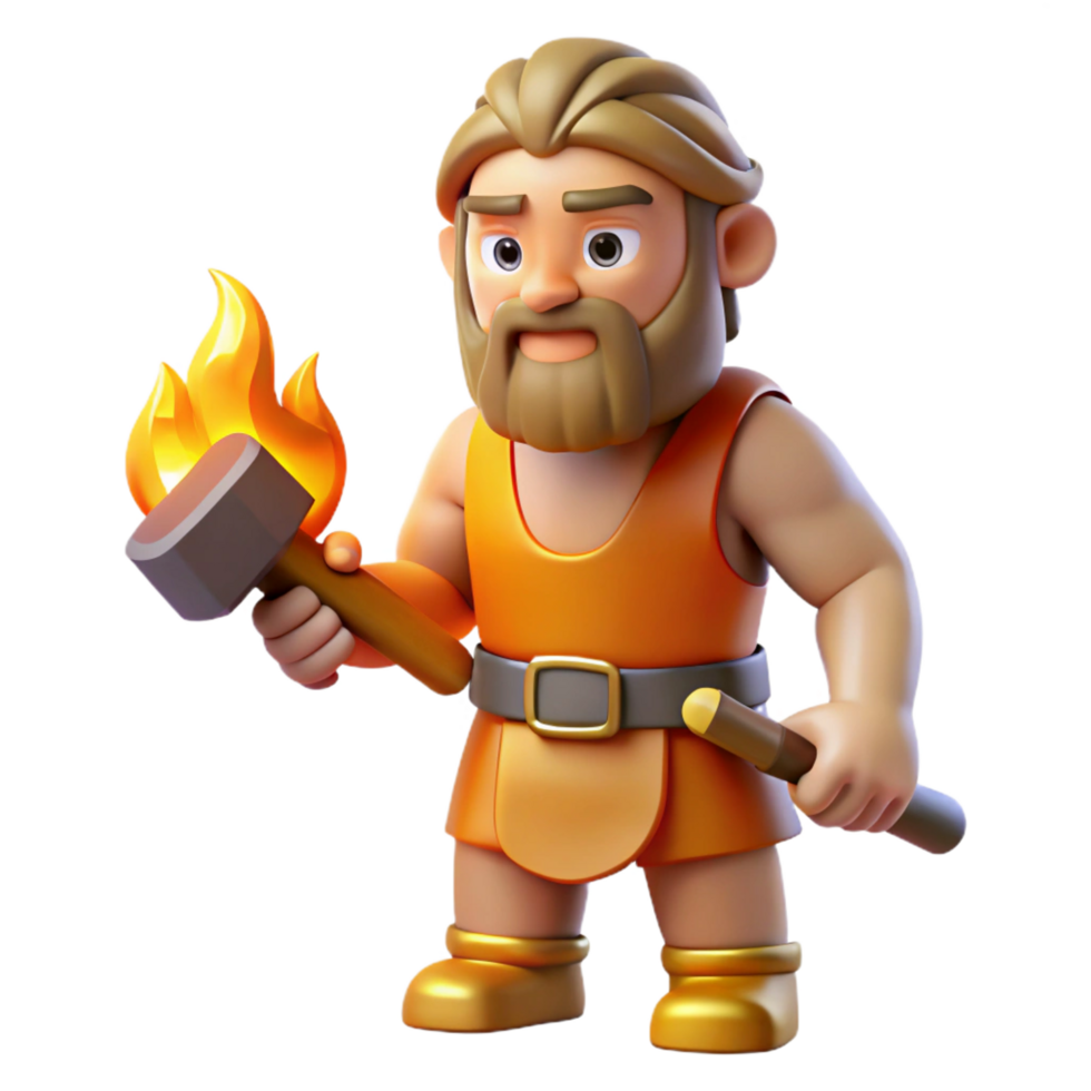 sought-after artistic Hephaestus, God of Fire and Forge, holding hammer, NO BACKGROUND with Transparent Background. top-tier png