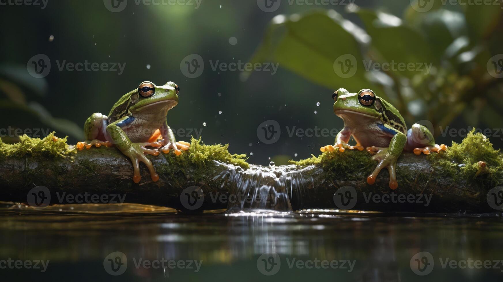 Two frogs sitting on a mossy log by a serene water stream in a lush environment. photo