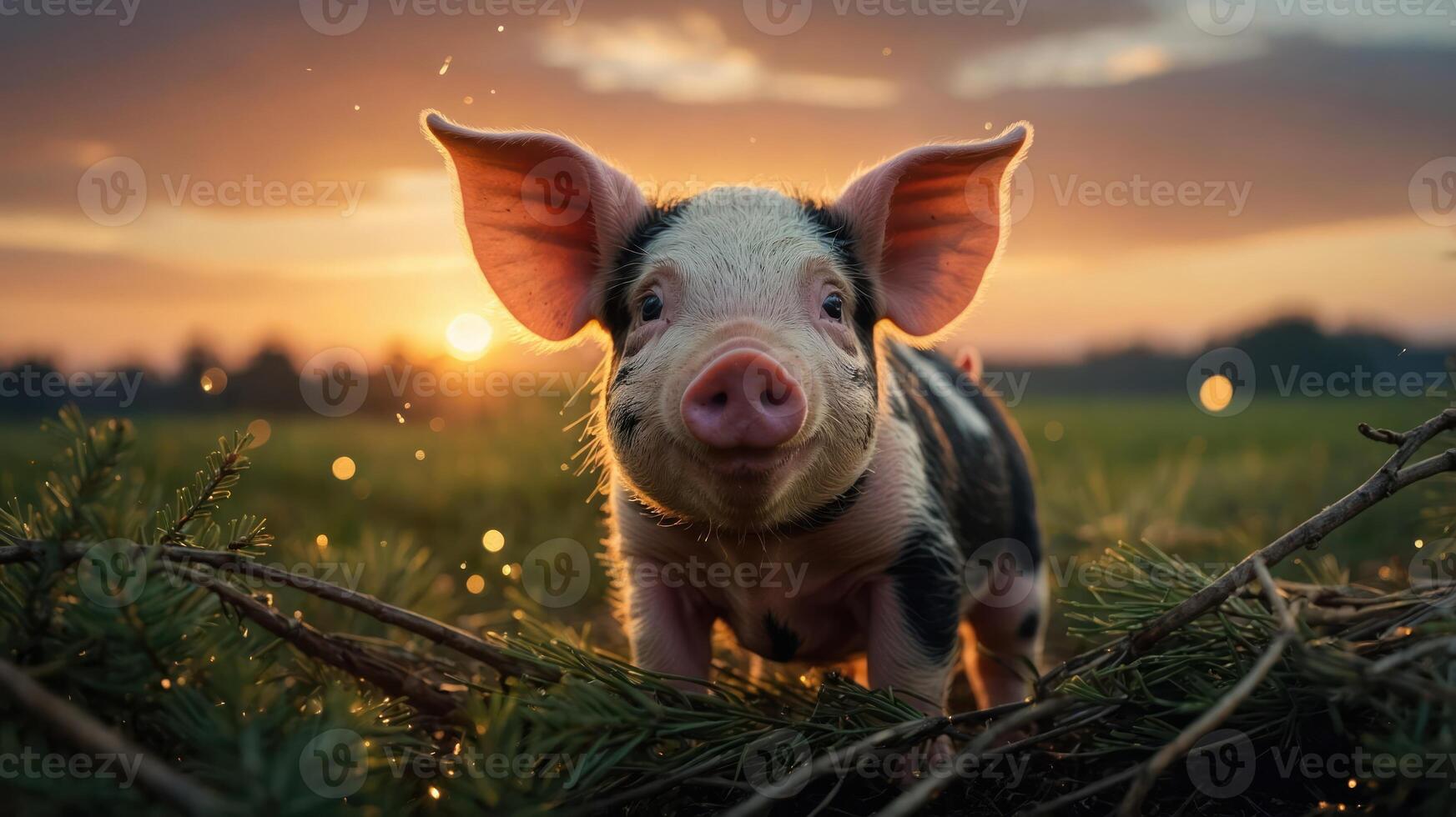 A cute piglet stands in a field during sunset, capturing a serene rural moment. photo