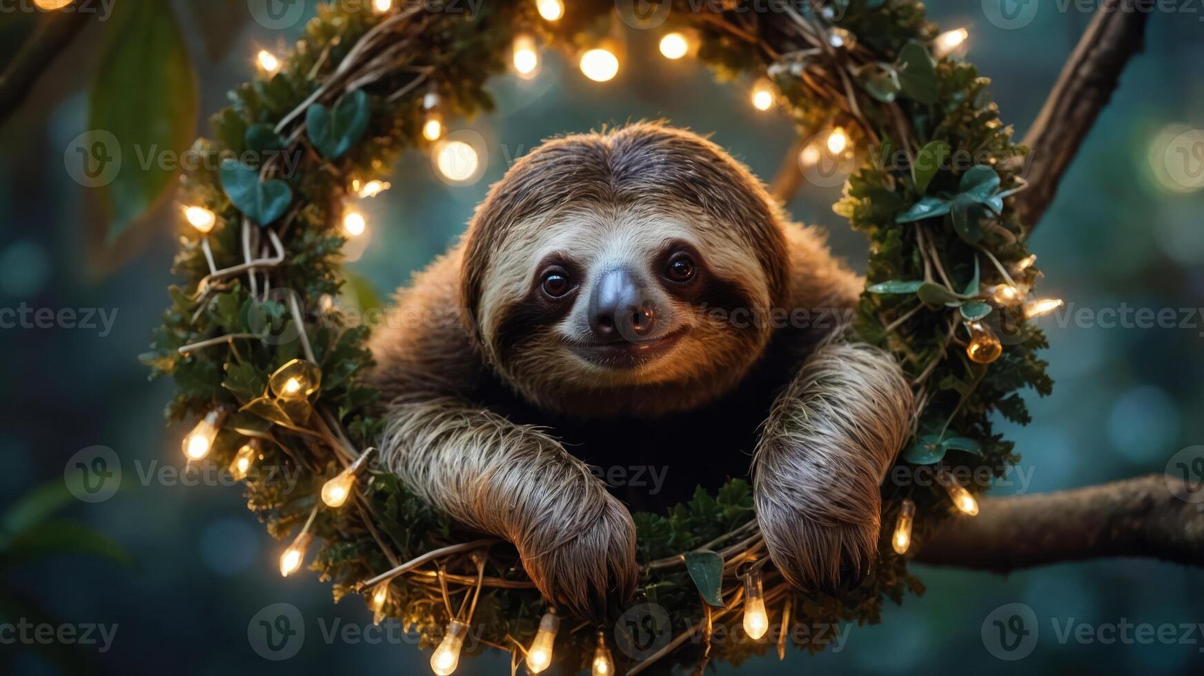 A sloth playfully posed in a festive wreath adorned with lights. photo