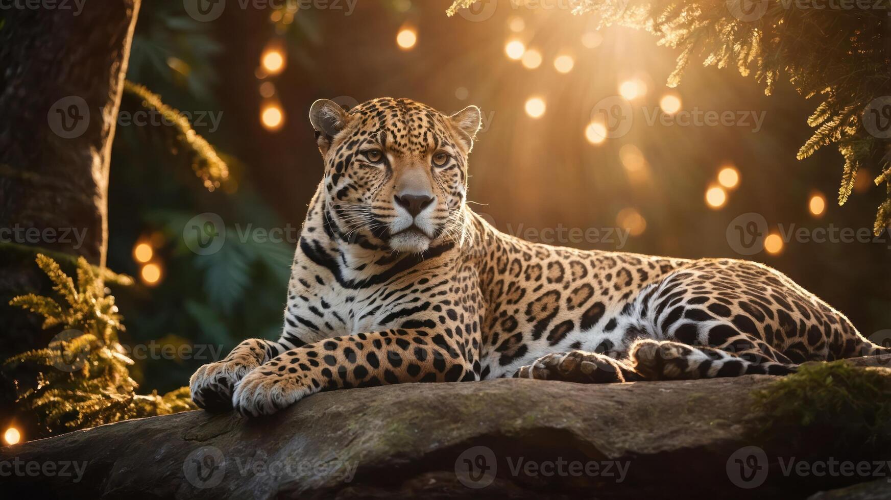 A serene leopard resting on a rock amidst a forest with soft, glowing lights in the background. photo