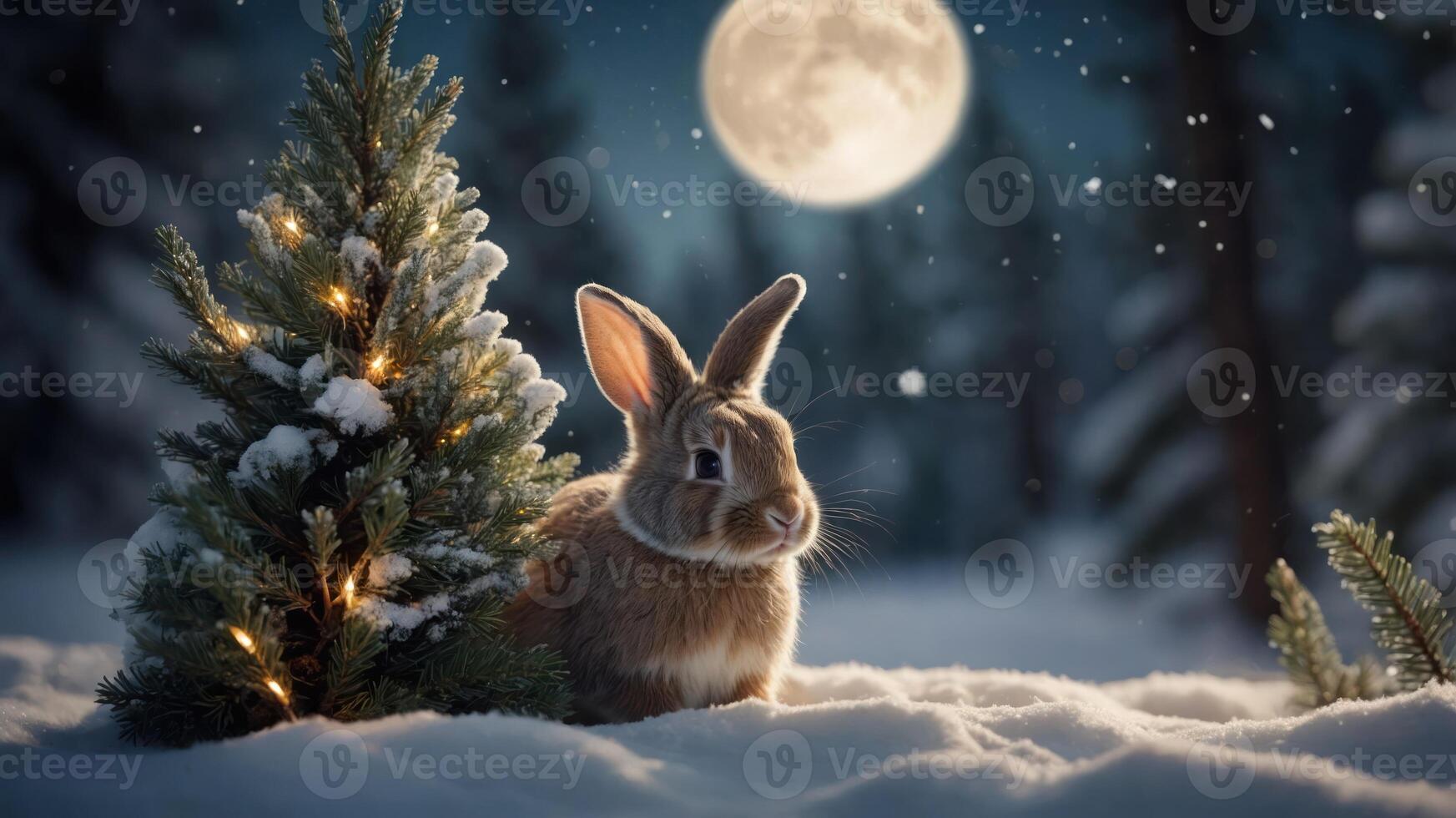 A serene winter scene featuring a rabbit near a decorated pine tree under a full moon. photo