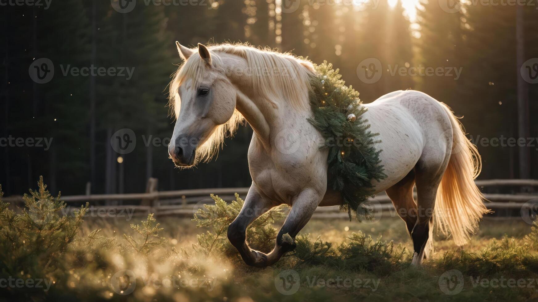 A beautiful horse adorned with greenery, running through a sunlit forest. photo