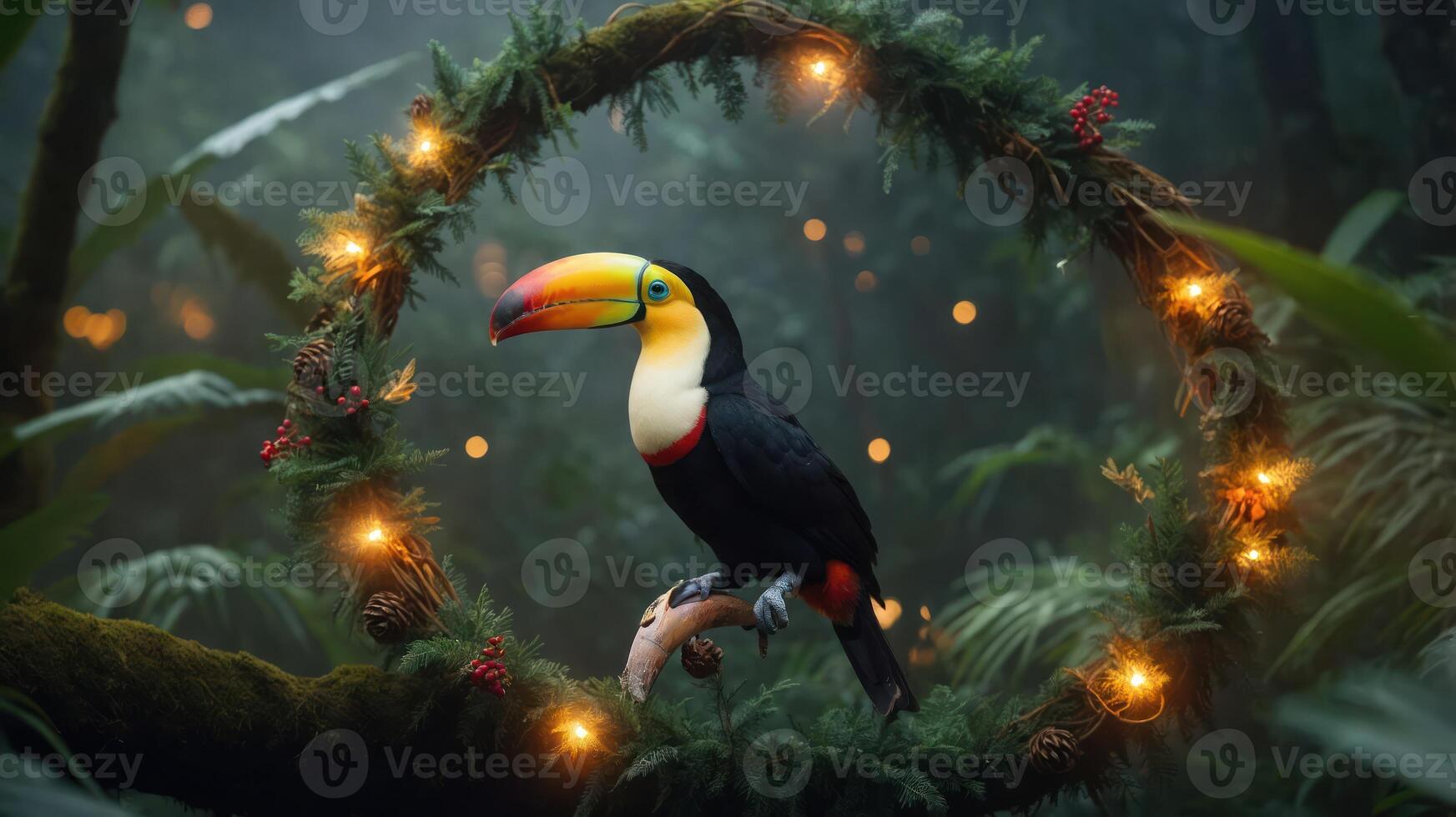A toucan perched in a lush forest, surrounded by a decorative wreath and soft lights. photo
