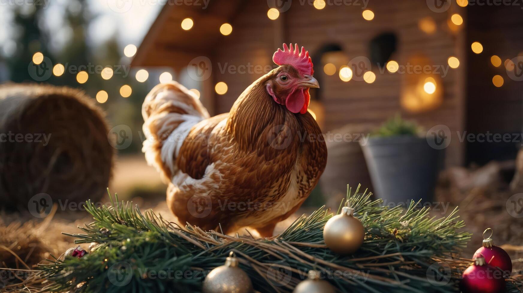A festive chicken stands on a bed of pine with ornaments, set against a cozy barn backdrop. photo