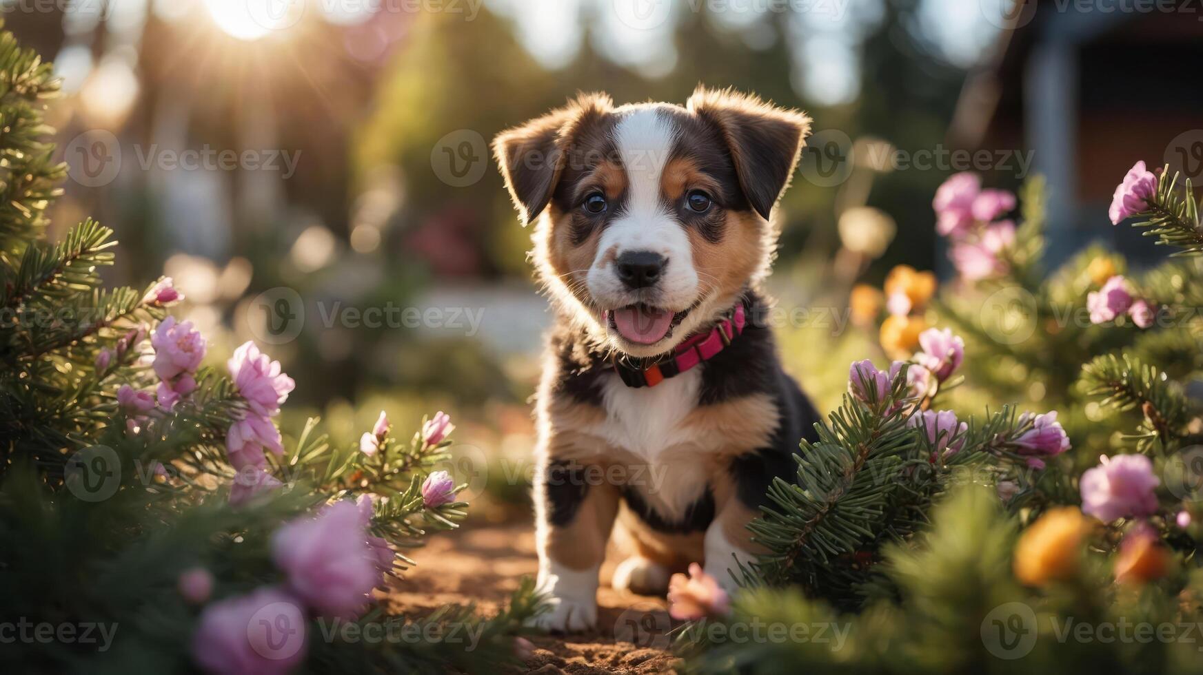 A playful puppy surrounded by colorful flowers in a sunny garden setting. photo