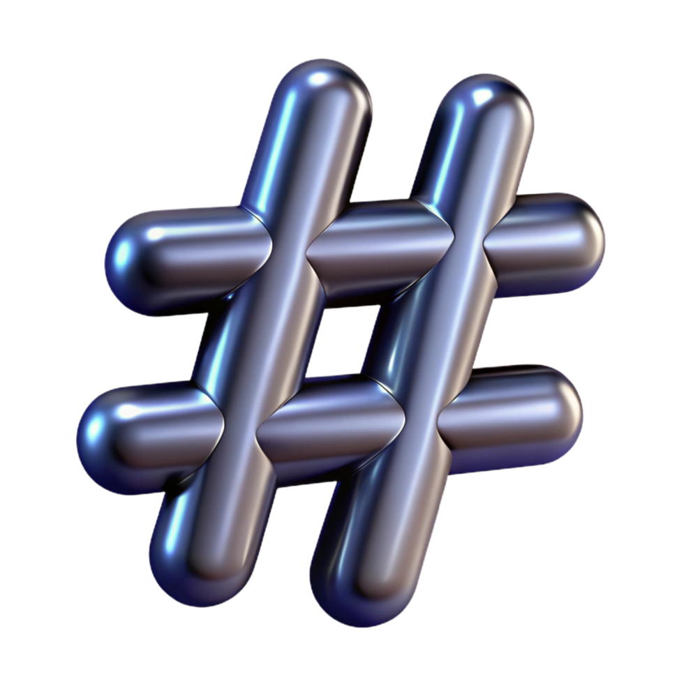 energetic magnificent A single, stylized hashtag symbol with metallic texture. NO BACKGROUND with Transparent Background. refined png