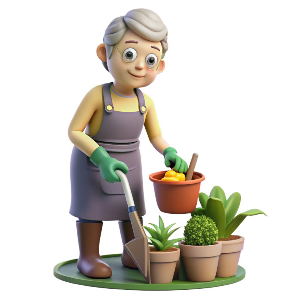 timeless futuristic Elderly woman gardening NO BACKGROUND with Transparent Background. handcrafted png