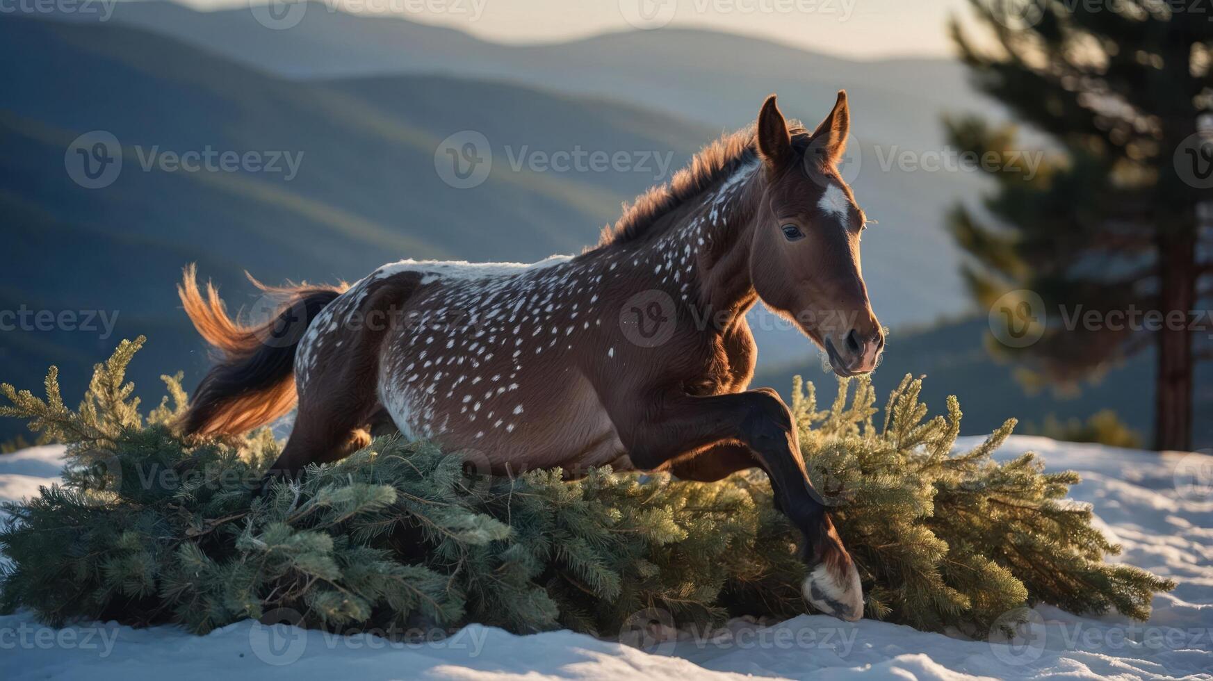 A horse gallops through snowy terrain, surrounded by evergreen branches against a mountainous backdrop. photo