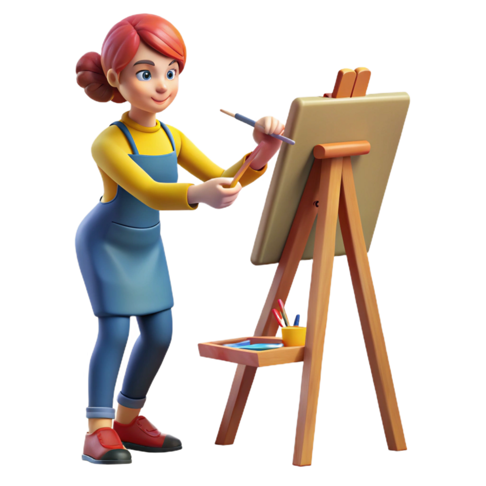 melancholic magnificent Female artist painting on canvas NO BACKGROUND with Transparent Background. detailed png