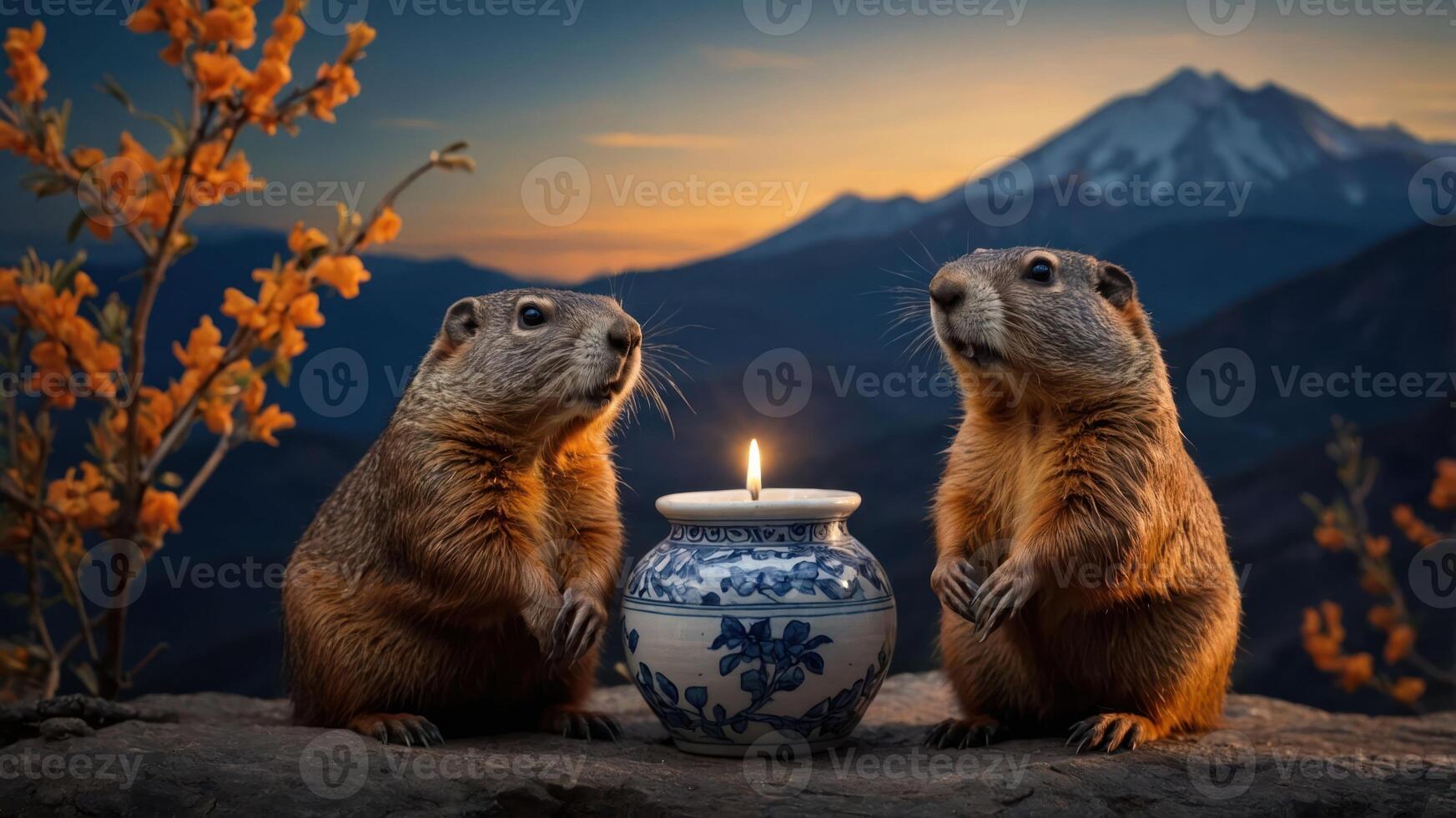 Two marmots sit beside a candle in a decorative jar against a mountain sunset backdrop. photo