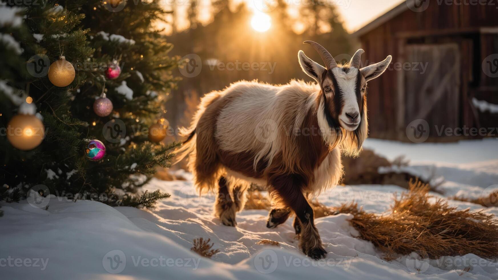 A goat walks through snow near a decorated tree, illuminated by a warm sunset glow. photo