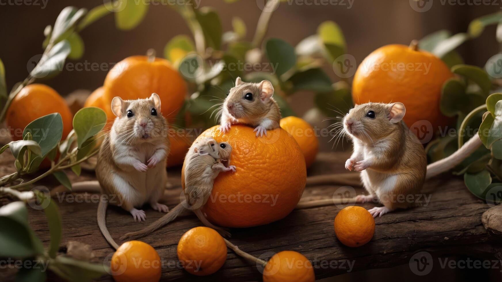 A playful scene of four mice among vibrant oranges on a wooden surface. photo