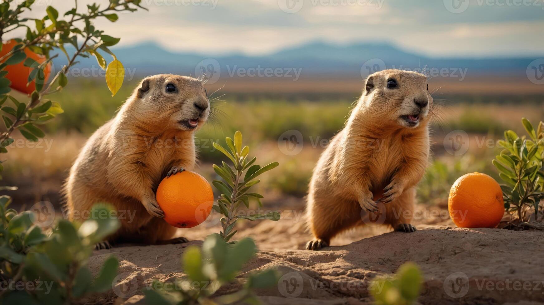 Two prairie dogs holding oranges in a scenic landscape. photo