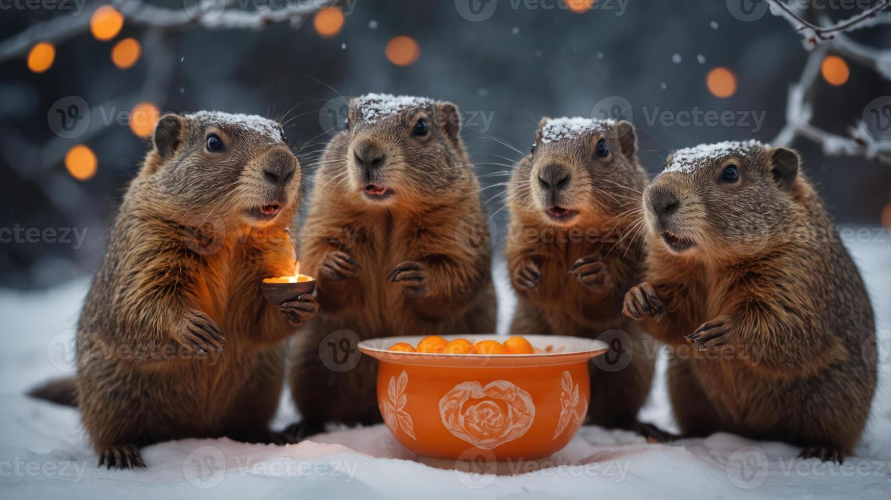 Four marmots gathered in snow, holding a candle and surrounded by oranges in a bowl. photo