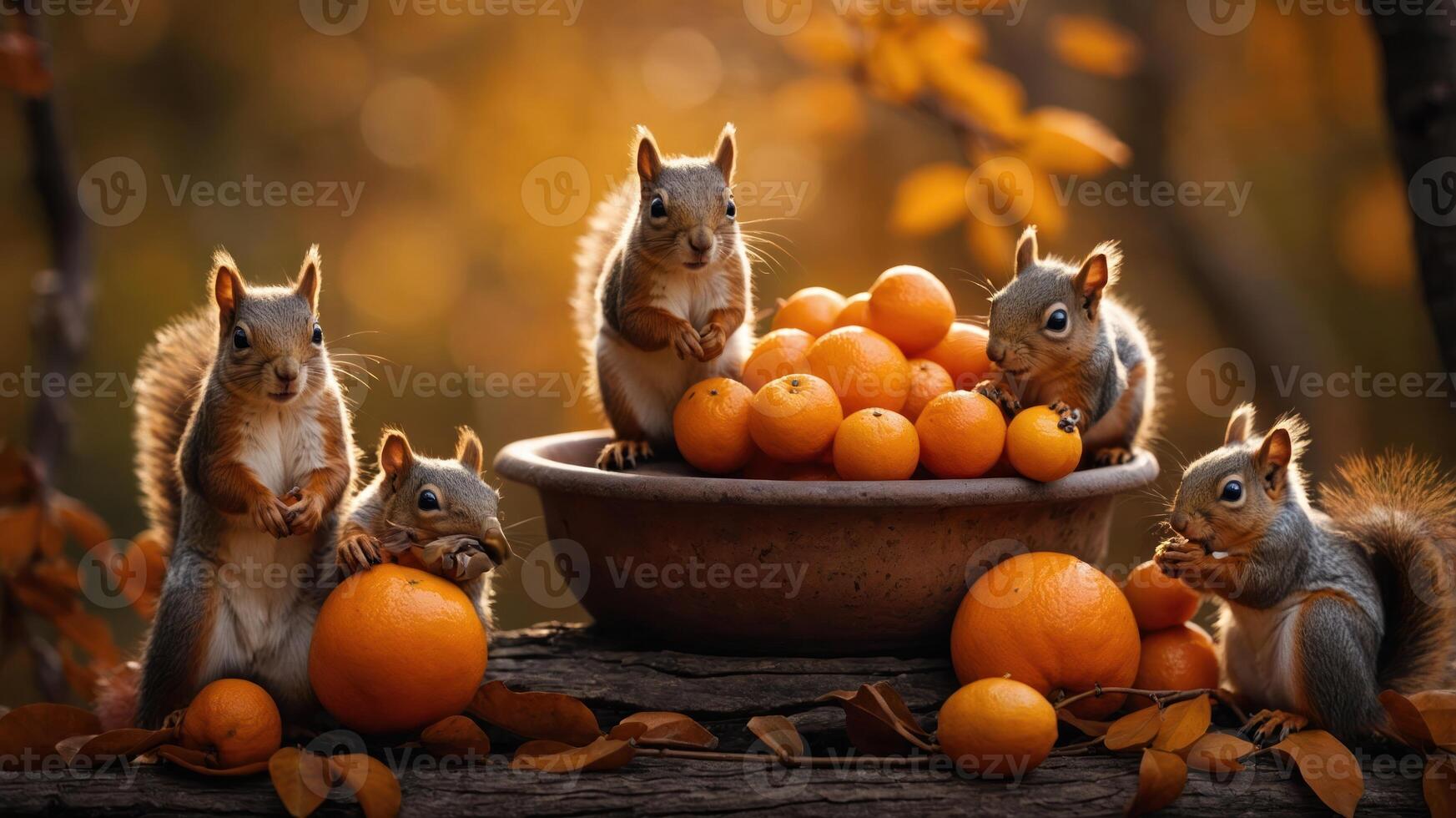 A group of squirrels playfully gathered around a bowl of oranges in a serene autumn setting. photo