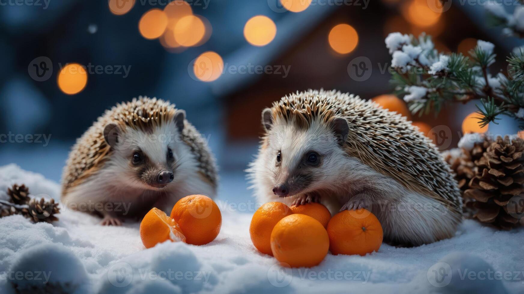 Two hedgehogs in the snow with tangerines, creating a cozy winter scene. photo
