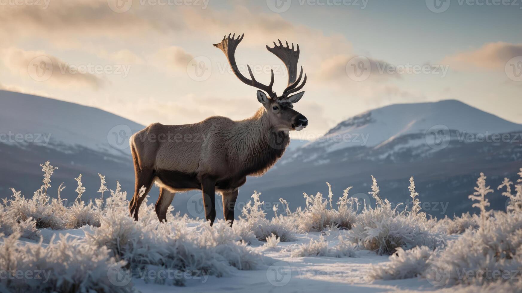 A majestic reindeer stands in a frosty landscape with mountains in the background. photo