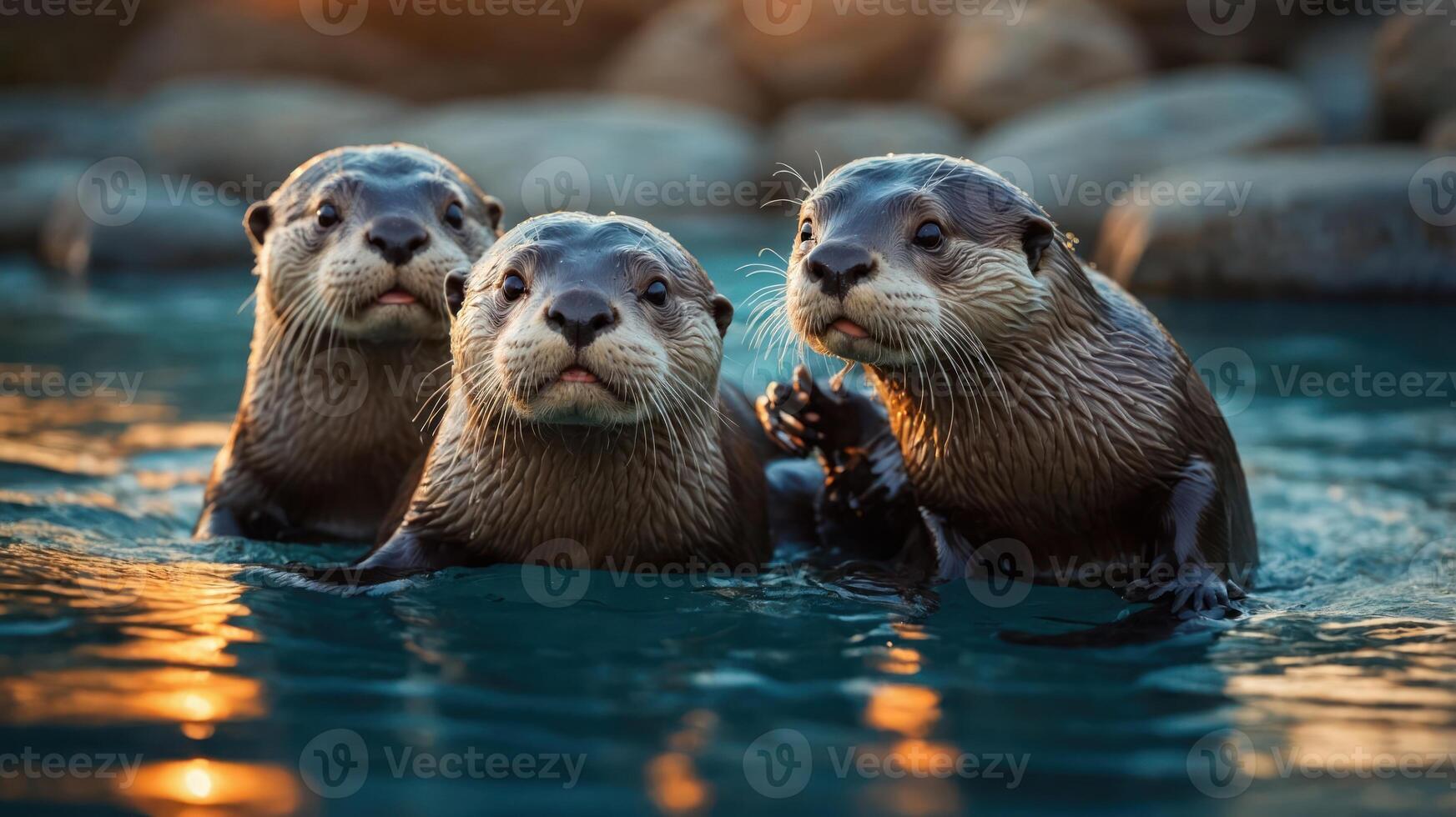 Three playful otters swimming together in a serene water setting at sunset. photo