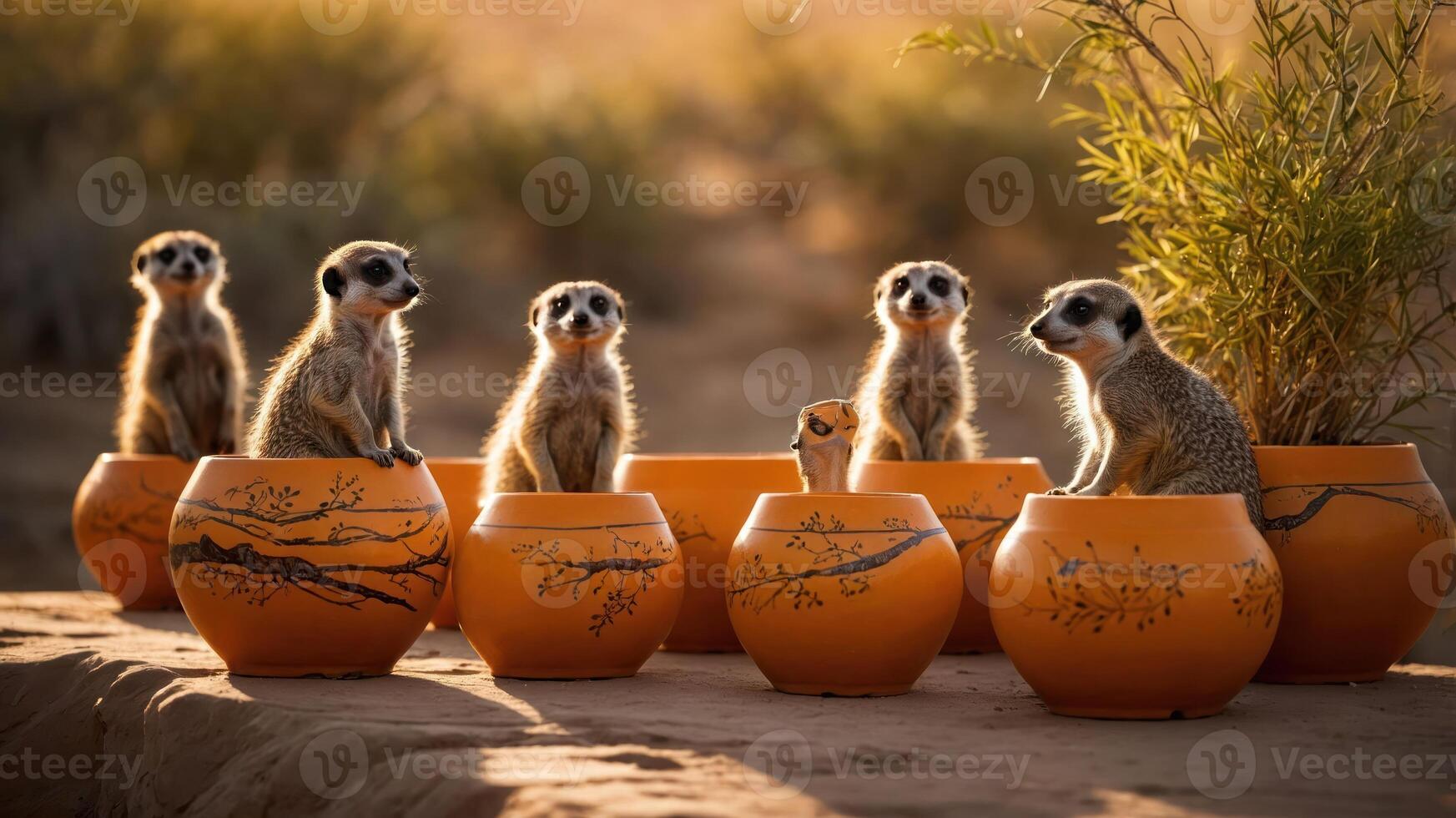 A group of meerkats playfully exploring colorful pots in a natural setting. photo