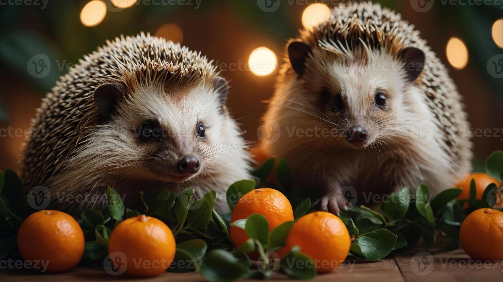 Two hedgehogs surrounded by oranges and greenery, creating a cozy, festive atmosphere. photo