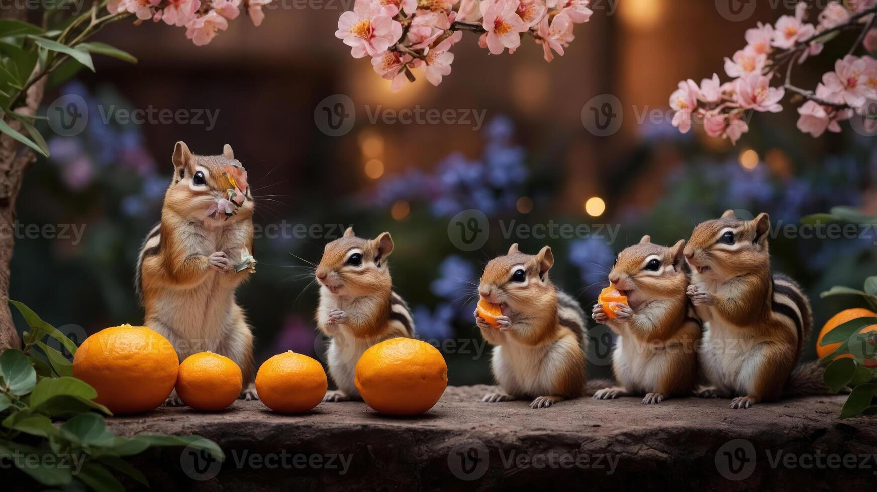 A group of chipmunks enjoying oranges amidst blooming flowers. photo