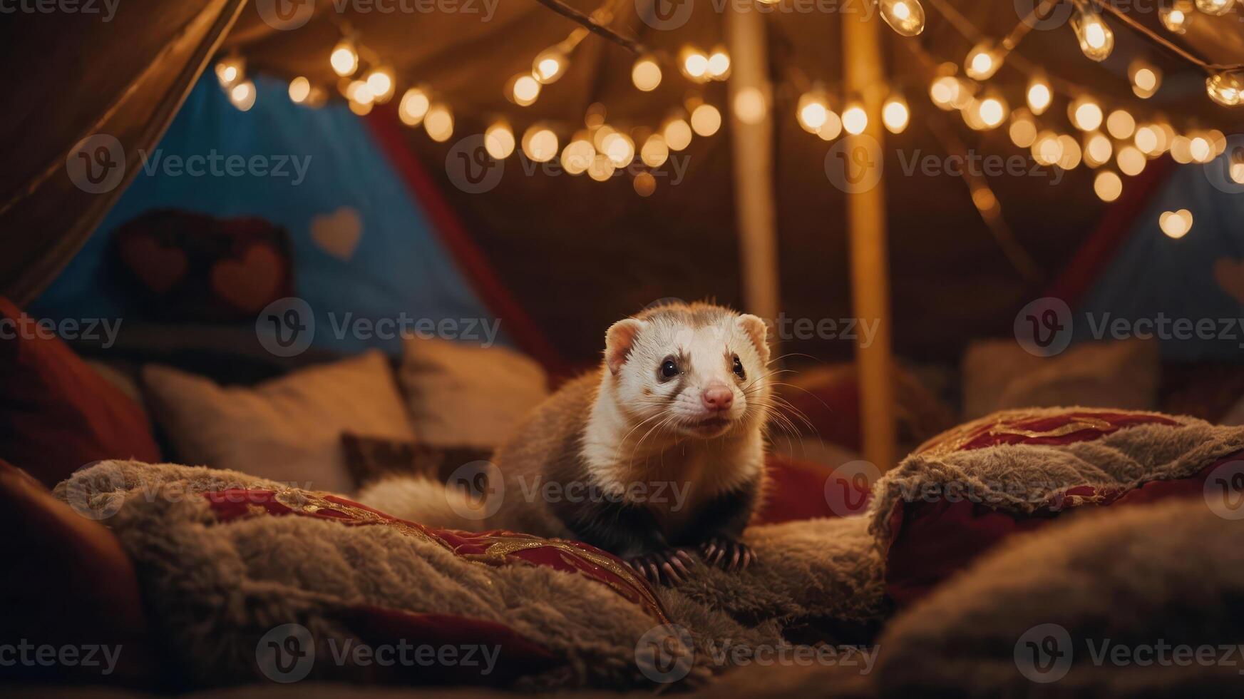 A ferret sits on cushions in a cozy, softly lit tent adorned with string lights. photo