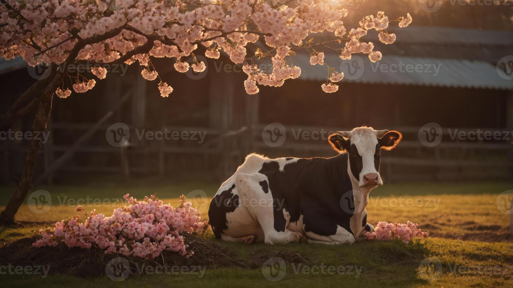 A serene cow resting under blooming cherry blossoms at sunset. photo