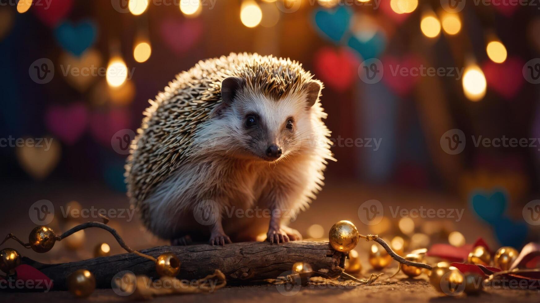 A hedgehog posed on a log, surrounded by colorful hearts and twinkling lights. photo