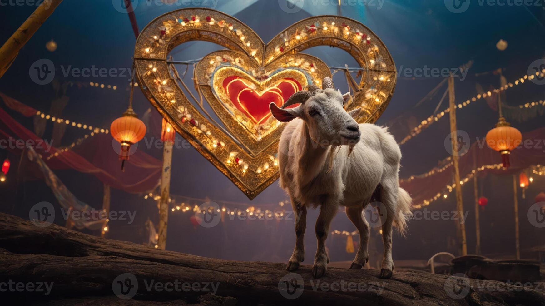 A goat stands in a circus setting, framed by a large illuminated heart. photo