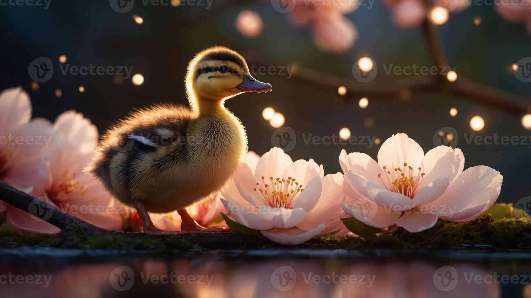 A duckling stands among blooming flowers, evoking a serene and enchanting atmosphere. photo