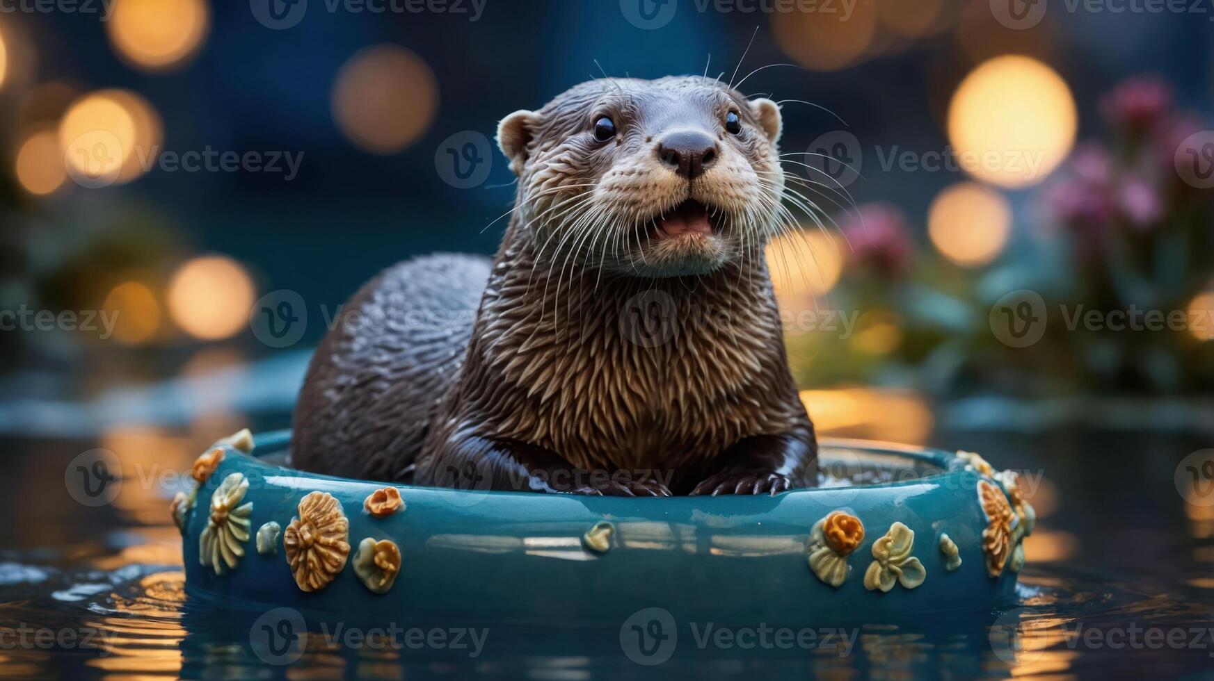 A playful otter sits in a decorative bowl, surrounded by water and soft glowing lights. photo